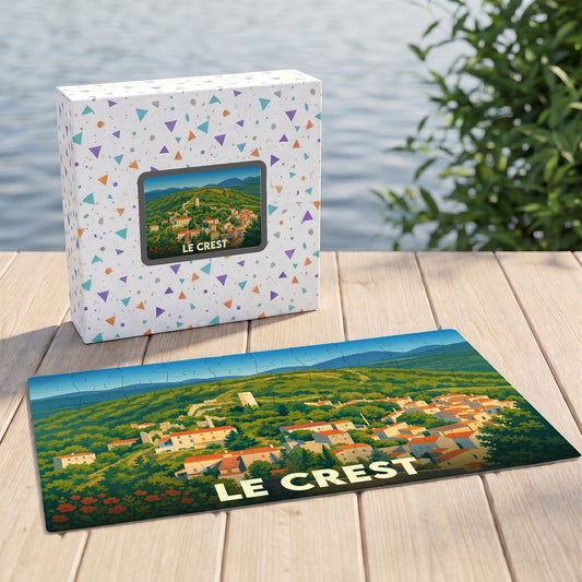 Puzzle souvenir de la ville de Le Crest avec une illustration stylisée d'un paysage provençal.