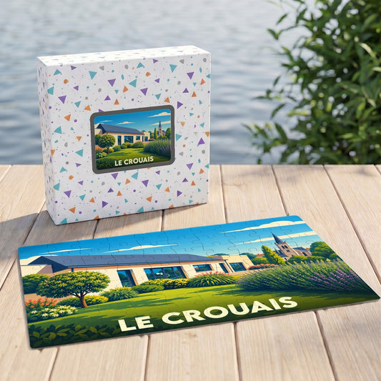Puzzle souvenir de la ville de Le Crouais avec une illustration stylisée d'un paysage local.