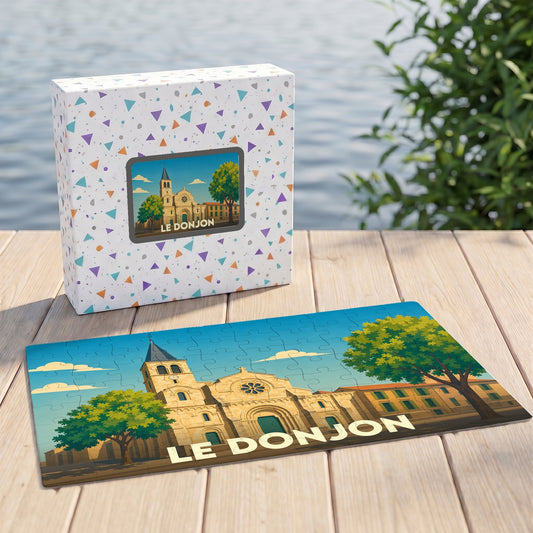 Puzzle souvenir de la ville de Le Donjon illustrant son église avec un style graphique épuré.