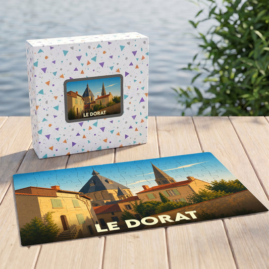 Puzzle souvenir de la ville de Le Dorat avec une illustration stylisée et colorée.