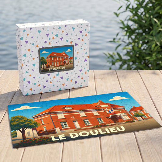 Puzzle souvenir de la ville de Le Doulieu avec une illustration stylisée d'un bâtiment en briques rouges.