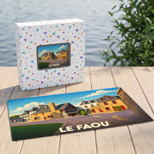 Puzzle souvenir de la ville de Le Faou avec une illustration stylisée d'une place historique.