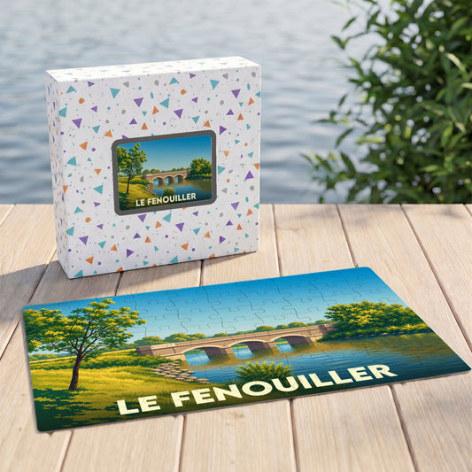 Puzzle souvenir de la ville de Le Fenouiller illustré par un paysage de pont sur une rivière.