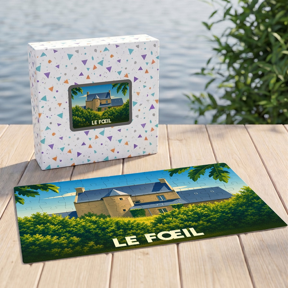 Puzzle souvenir de la commune de Le Fœil avec une illustration stylisée d'un manoir breton.