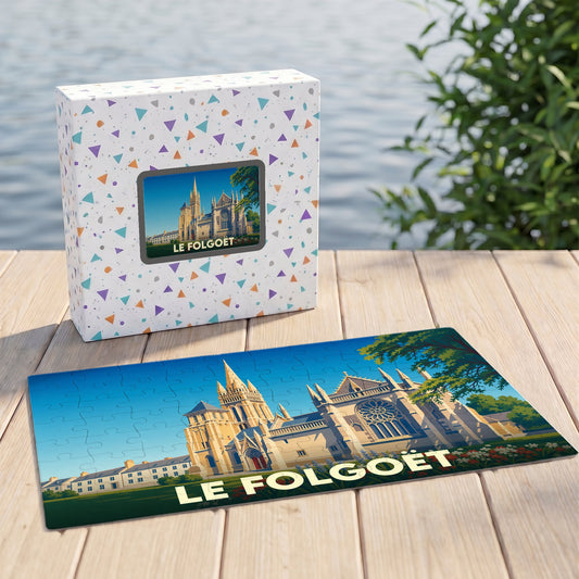 Puzzle souvenir de la ville de Le Folgoët avec une illustration stylisée de sa basilique.