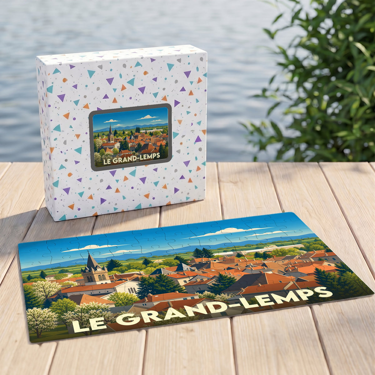 Puzzle souvenir de la ville de Le Grand-Lemps avec une illustration stylisée de ses toits rouges et de son clocher.