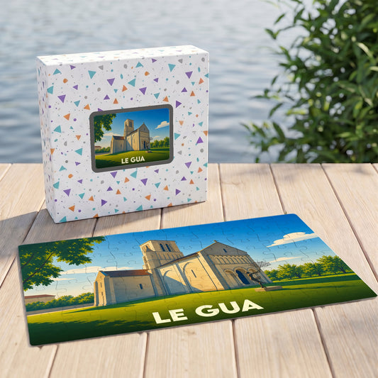 Puzzle souvenir de la ville de Le Gua avec une illustration stylisée de son église.
