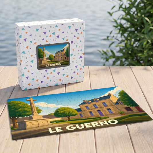 Puzzle souvenir de la ville de Le Guerno avec une illustration stylisée.