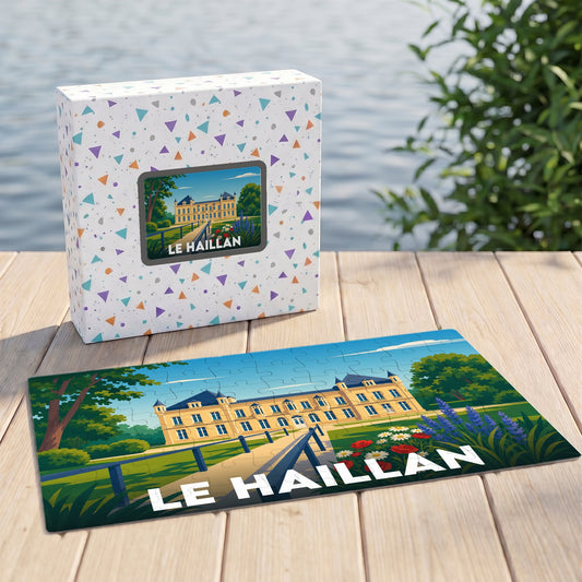 Puzzle souvenir de la ville de Le Haillan avec une illustration stylisée de son château.