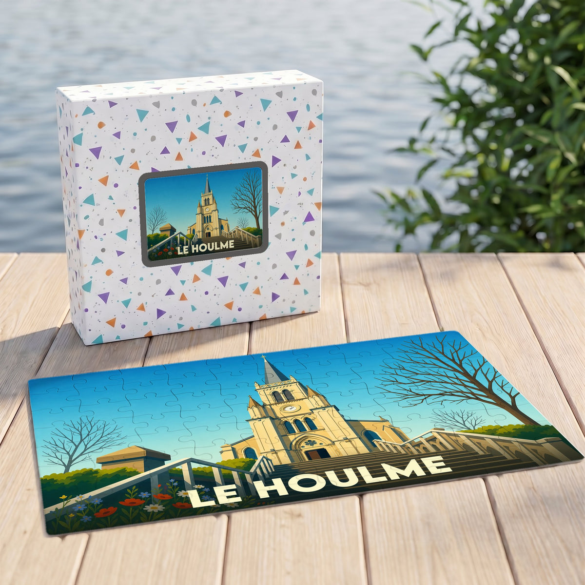 Puzzle souvenir de la ville de Le Houlme avec une illustration stylisée.