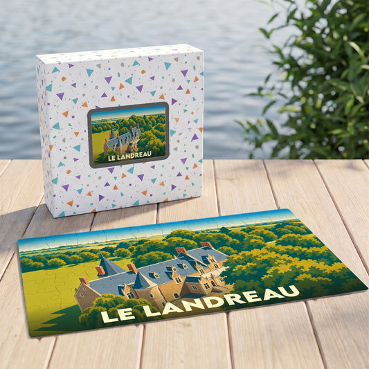 Puzzle souvenir de la ville de Le Landreau avec une illustration stylisée d'un château entouré de verdure.