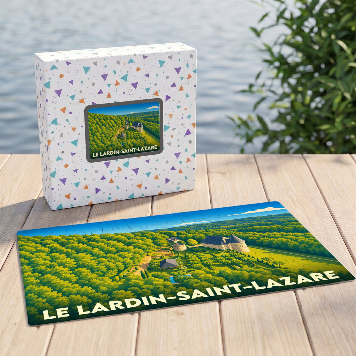 Puzzle souvenir de la ville du Lardin-Saint-Lazare avec une illustration stylisée d'un paysage verdoyant.