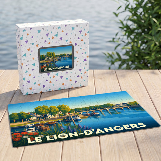 Puzzle souvenir de la ville de Le Lion-d'Angers avec une illustration stylisée et colorée de ses quais.