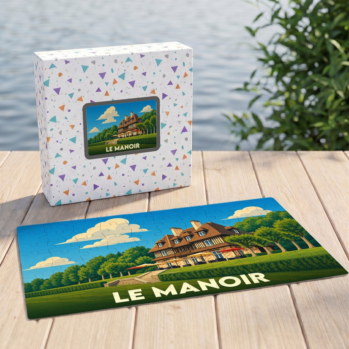 Puzzle souvenir de la commune de Le Manoir avec une illustration stylisée d'un manoir normand.