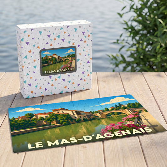 Puzzle souvenir de la ville de Le Mas-d'Agenais avec une illustration stylisée d'un pont et du canal.