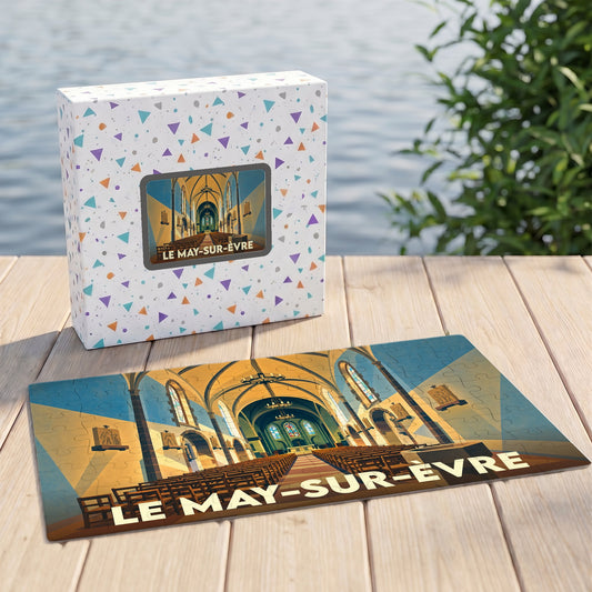 Puzzle souvenir de la ville de Le May-sur-Èvre illustrant l'intérieur d'une église dans un style graphique épuré.