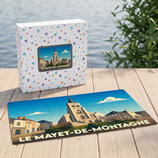 Puzzle souvenir de la ville de Le Mayet-de-Montagne avec une illustration stylisée de son église.