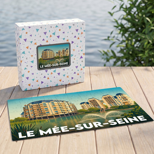 Puzzle souvenir de la ville de Le Mée-sur-Seine avec une illustration stylisée de ses bâtiments et d'un plan d'eau.