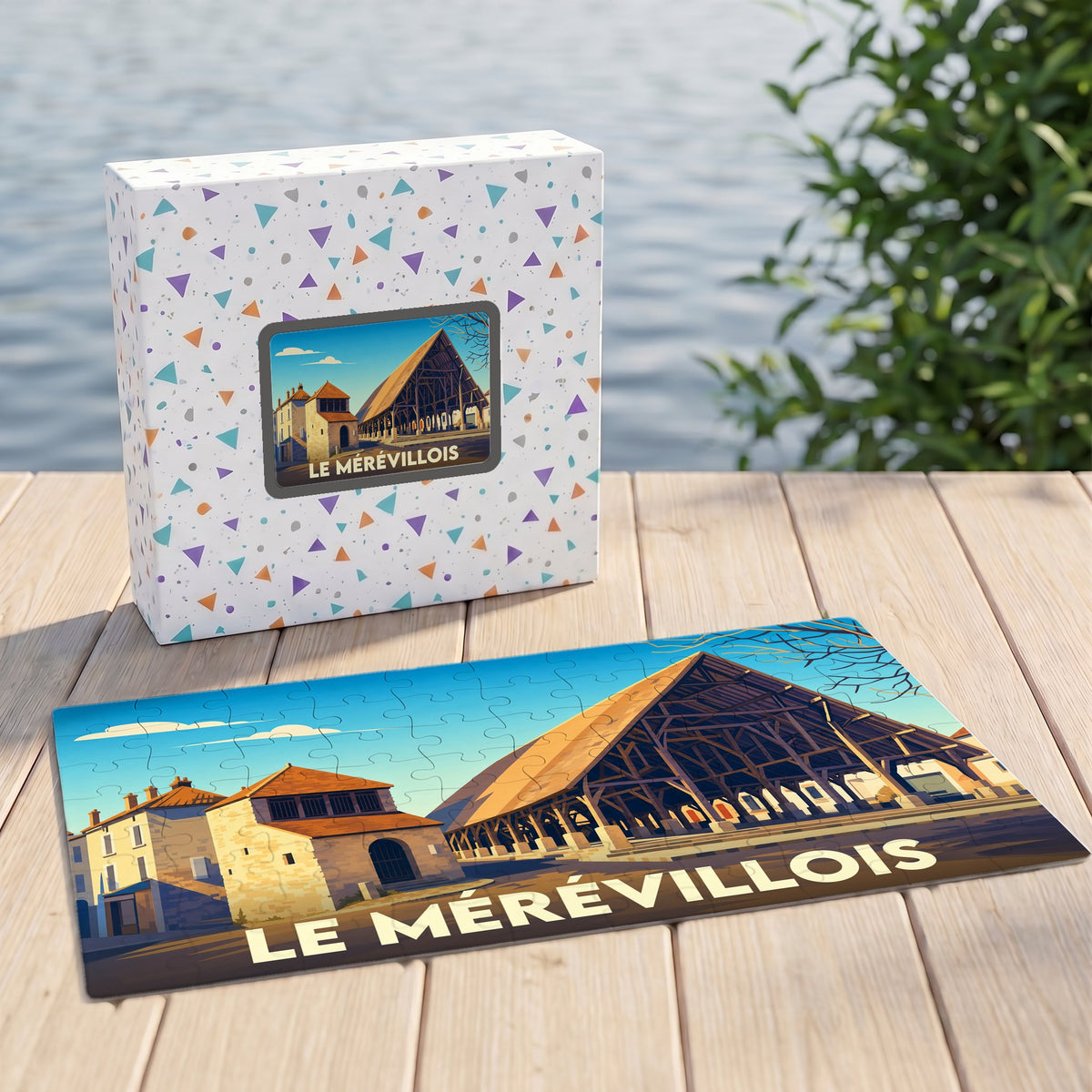 Puzzle souvenir de la ville de Le Mérévillois avec une illustration stylisée d'une halle historique.