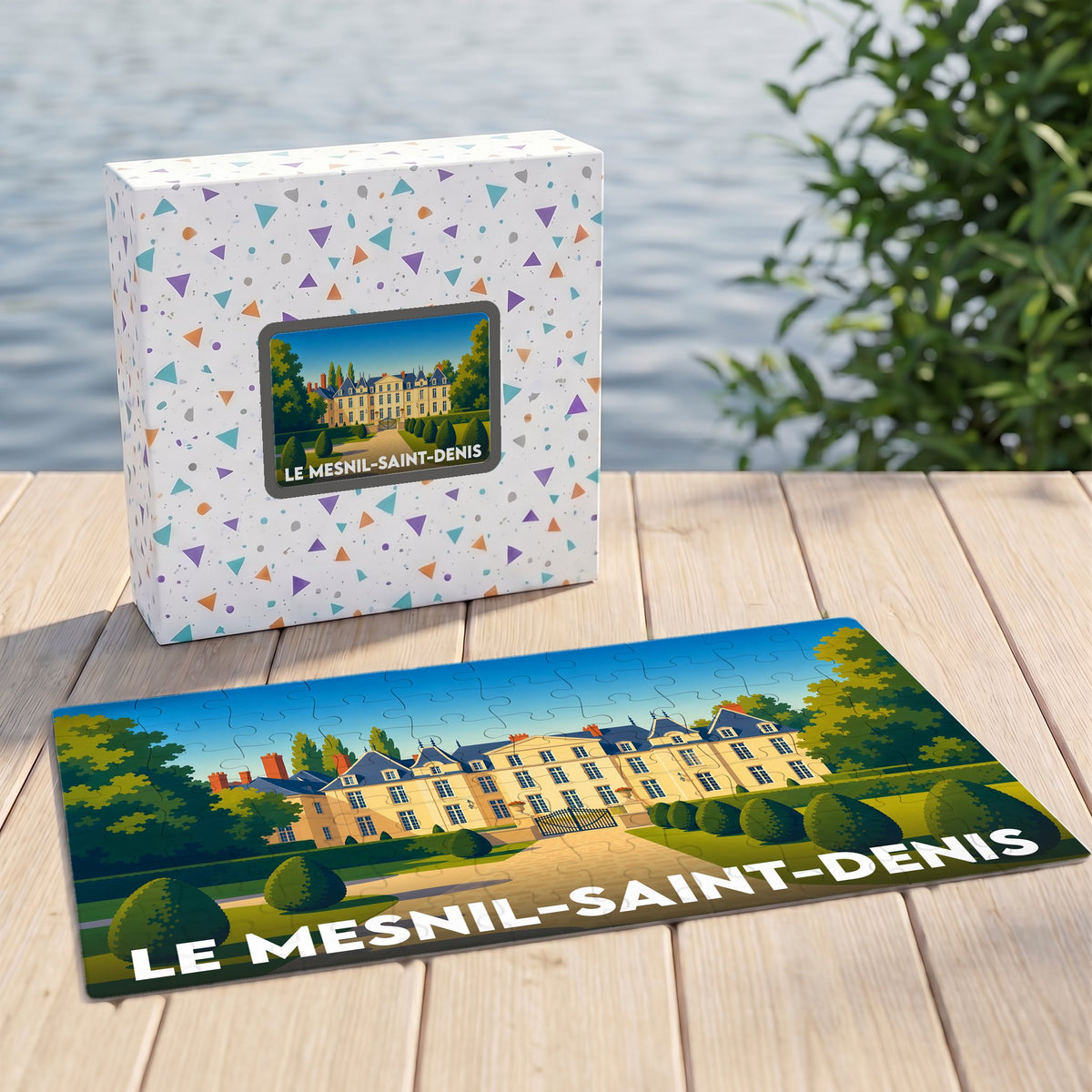Puzzle souvenir de la ville de Le Mesnil-Saint-Denis avec une illustration stylisée d'un château.