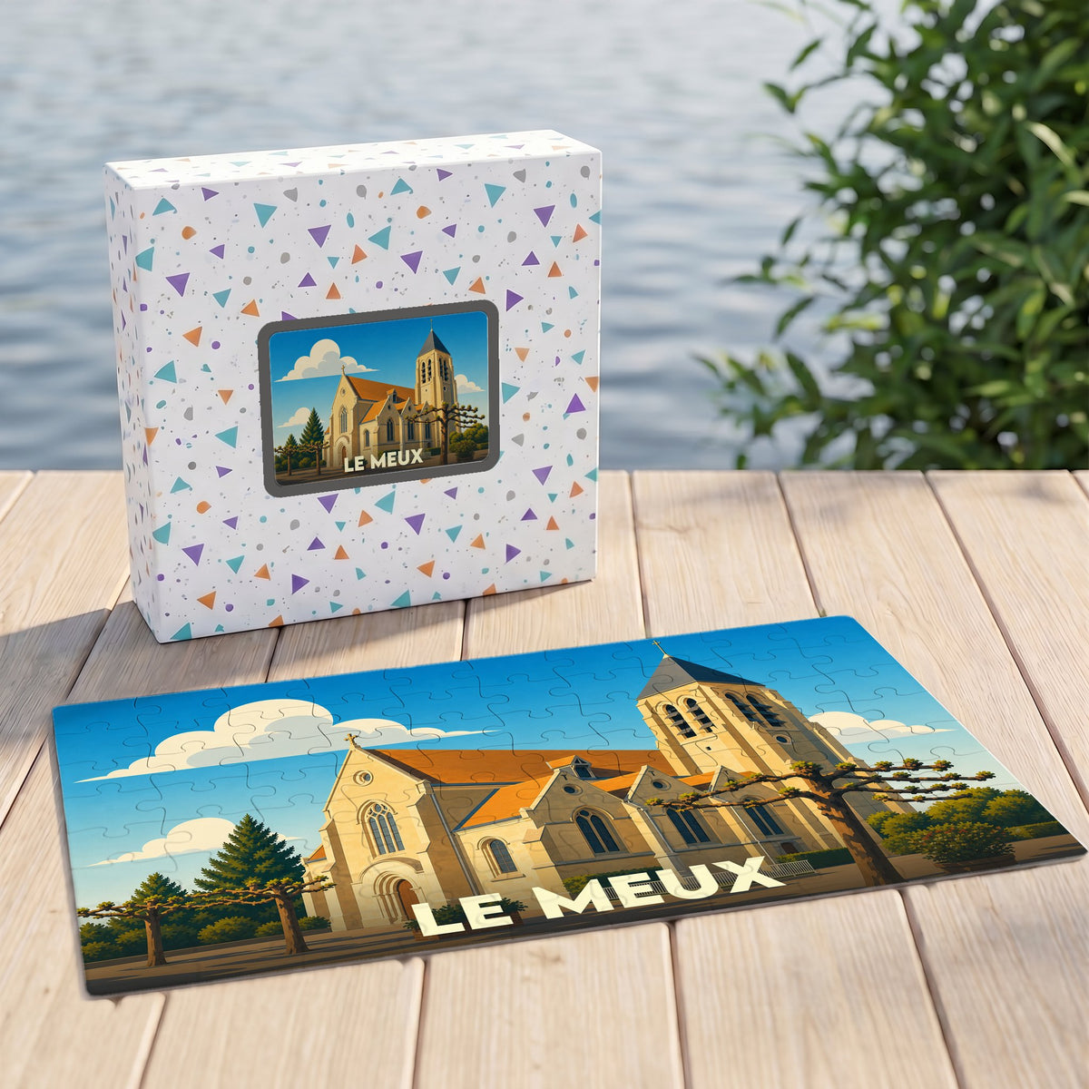 Puzzle souvenir de la ville de Le Meux avec une illustration stylisée d'une église sous un ciel bleu.