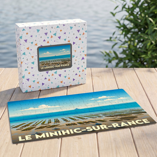 Puzzle souvenir de la ville de Le Minihic-sur-Rance avec une illustration stylisée de parcs à huîtres.