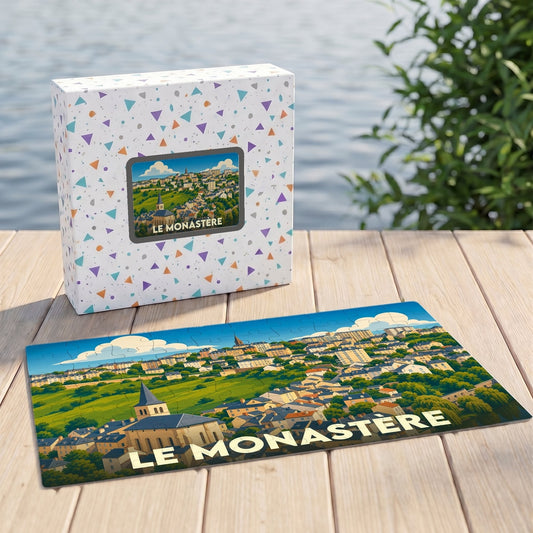 Puzzle souvenir de la ville de Le Monastère avec une illustration paysagère stylisée.