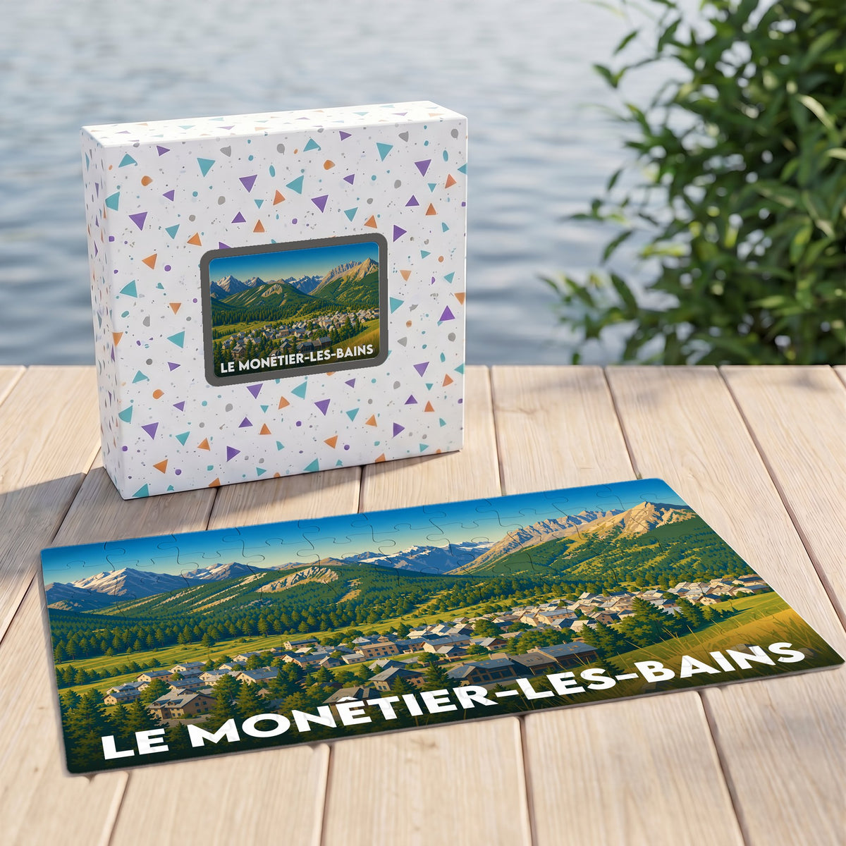 Puzzle souvenir de la ville de Le Monêtier-les-Bains avec une illustration stylisée de ses paysages montagneux.