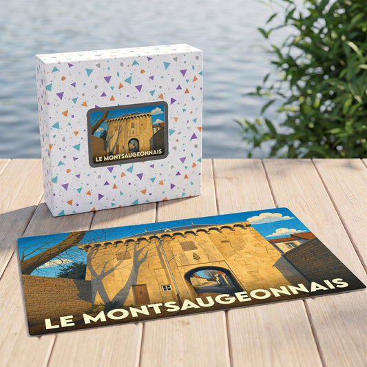 Puzzle souvenir de la ville de Le Montsaugeonnais avec une illustration stylisée de sa porte fortifiée.