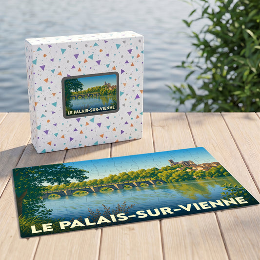 Puzzle souvenir de la ville de Le Palais-sur-Vienne avec une illustration stylisée d'un pont et d'une cathédrale.