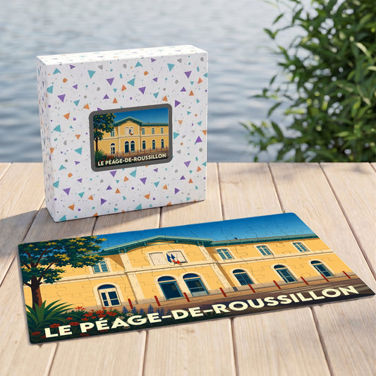 Puzzle souvenir de la ville de Le Péage-de-Roussillon avec une illustration stylisée de sa gare.