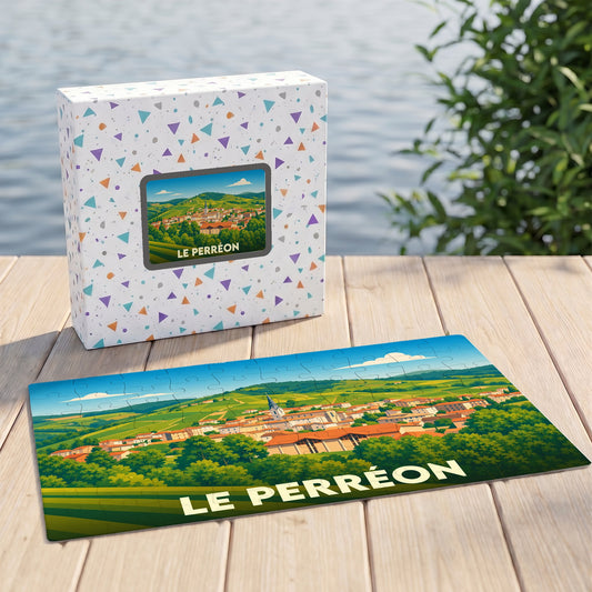 Puzzle souvenir de la ville de Le Perréon avec une illustration stylisée de son paysage vallonné.