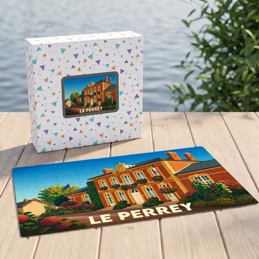 Puzzle souvenir de la ville du Perrey avec une illustration stylisée d'un bâtiment fleuri.