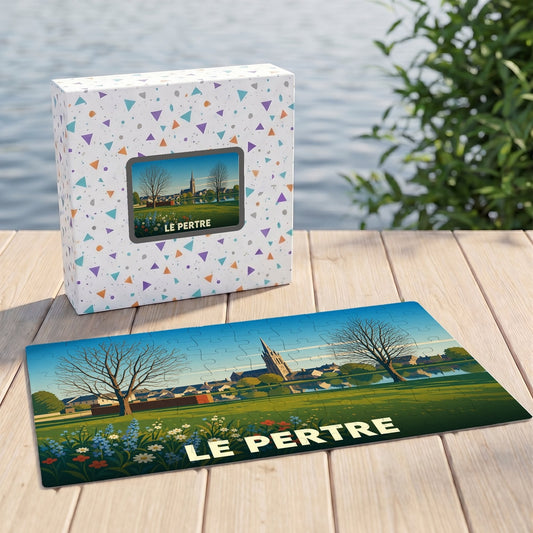 Puzzle souvenir de la ville de Le Pertre avec une illustration stylisée de son église et de son paysage champêtre.