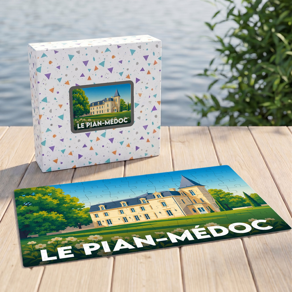 Puzzle souvenir de la ville de Le Pian-Médoc avec une illustration stylisée d'un château.