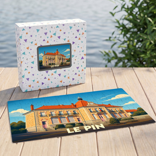 Puzzle souvenir de la ville de Le Pin avec une illustration stylisée d'un bâtiment historique.