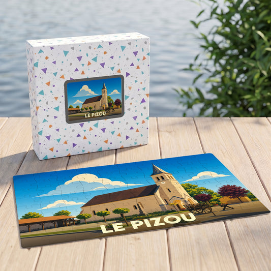 Puzzle souvenir de la ville de Le Pizou avec une illustration stylisée.