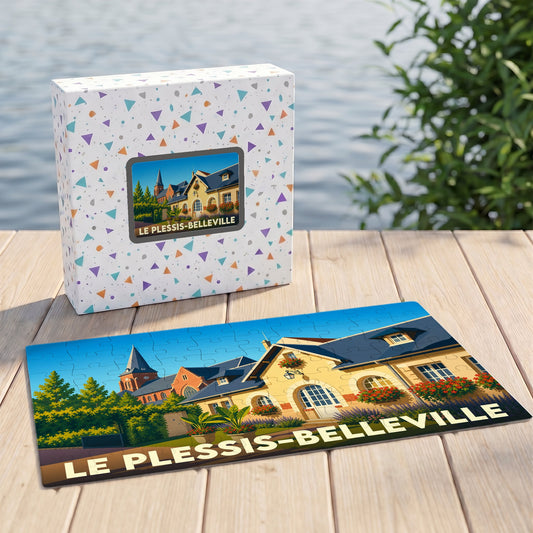 Puzzle souvenir de la ville de Le Plessis-Belleville avec une illustration stylisée d'un bâtiment historique.