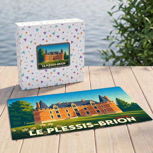 Puzzle souvenir de la ville de Le Plessis-Brion avec une illustration stylisée d'un château.