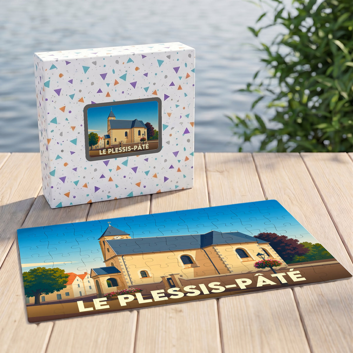 Puzzle souvenir de la ville de Le Plessis-Pâté avec une illustration stylisée d'une église locale.