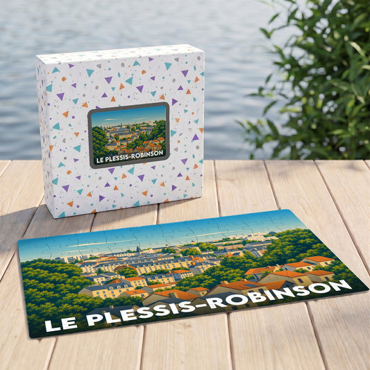 Puzzle souvenir de la ville de Le Plessis-Robinson avec une illustration stylisée et colorée.