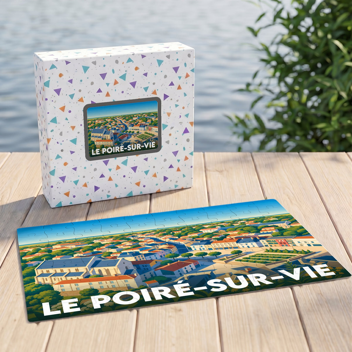 Puzzle souvenir de la ville de Le Poiré-sur-Vie avec une illustration panoramique colorée.