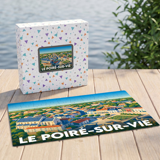 Puzzle souvenir de la ville de Le Poiré-sur-Vie avec une illustration panoramique colorée.