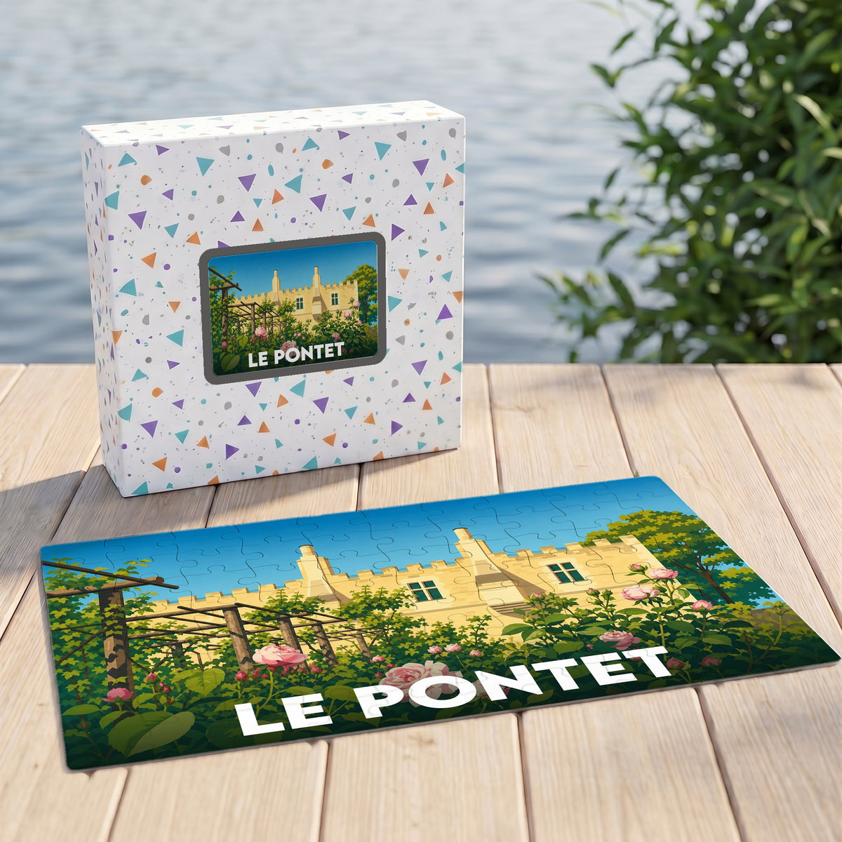 Puzzle souvenir de la ville de Le Pontet avec une illustration stylisée d'un château et de jardins.