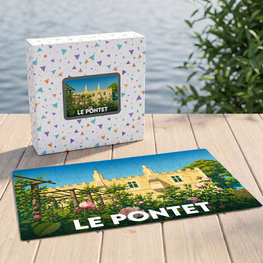 Puzzle souvenir de la ville de Le Pontet avec une illustration stylisée d'un château et de jardins.