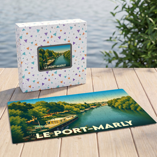 Puzzle souvenir de la ville de Le Port-Marly avec une illustration stylisée d'une péniche sur la Seine.