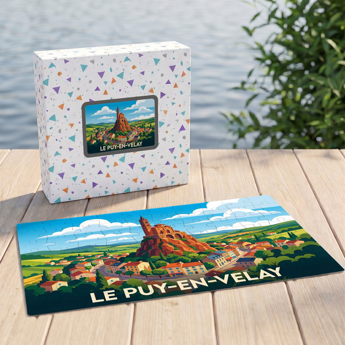 Puzzle souvenir de la ville du Puy-en-Velay avec une illustration stylisée et colorée.