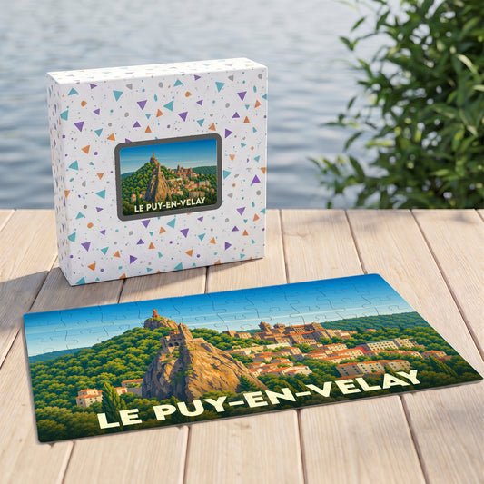 Puzzle souvenir de la ville du Puy-en-Velay représentant ses célèbres rochers et monuments sous forme d'illustration.