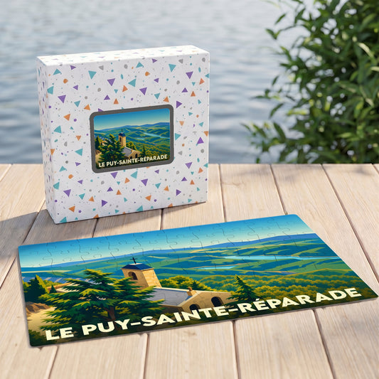 Puzzle souvenir de la ville de Le Puy-Sainte-Réparade avec une illustration panoramique stylisée.