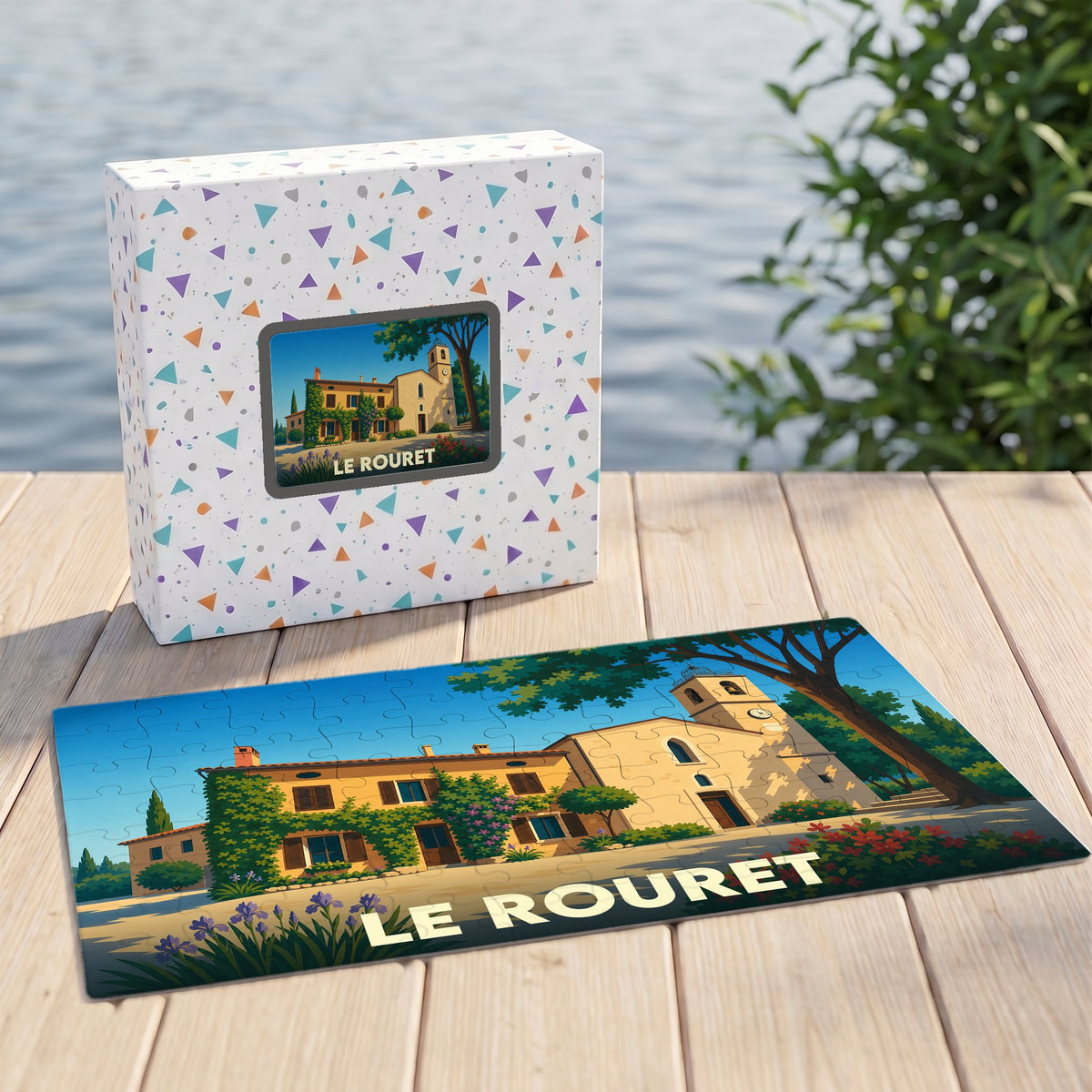 Puzzle souvenir de la ville de Le Rouret avec une illustration stylisée.
